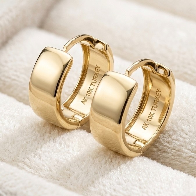 10K Yellow Gold Wide Huggie Hoop Earrings 13mm x 5mm High Polish Clicker