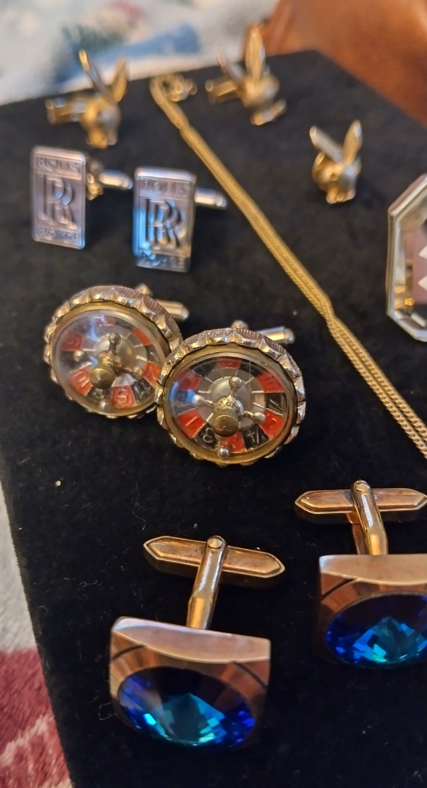 Vint 14PC Cuff Links Jewelry Lot Play Boy Rolls Royce Articulated Roulette Wheel