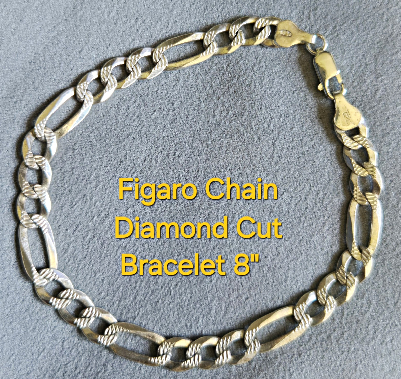 925 Sterling Silver Diamond-Cut Figaro Chain Bracelet 8in Lobster Italy
