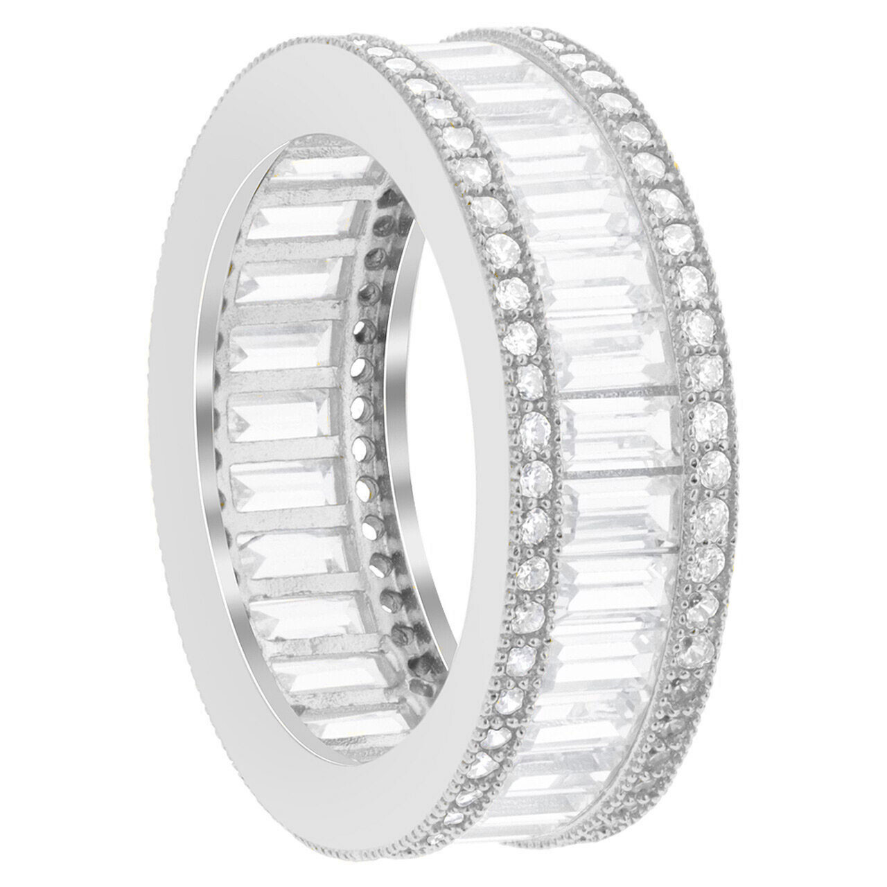 925 Sterling Silver Plated Eternity Band Ring Emerald Cut Cubic Zirconia Stones