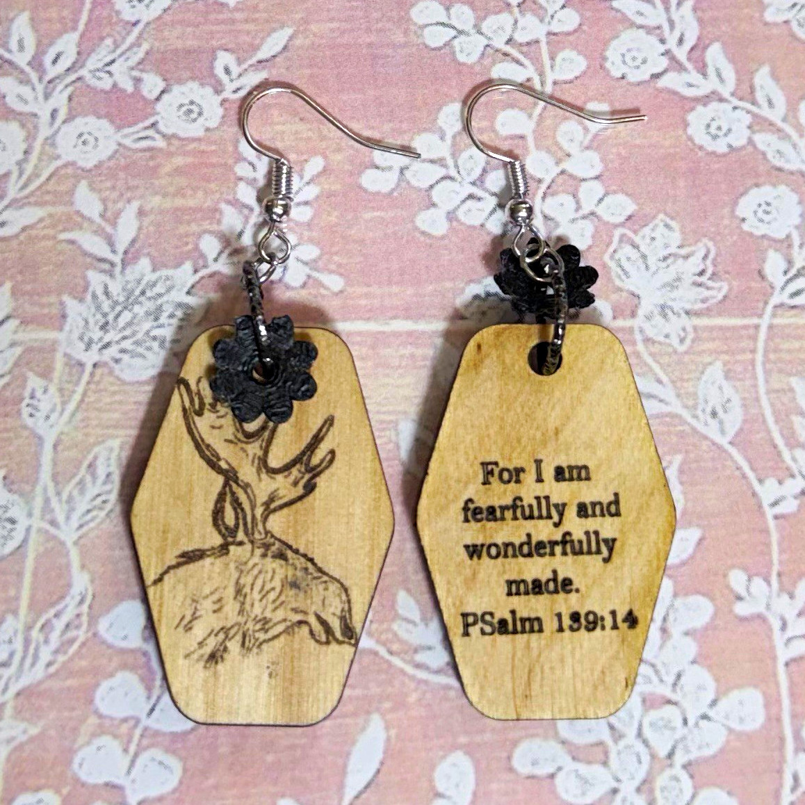 Hardwood, engraved, moose, Psalm 139:14 stainless steel hypoallergenic￼￼