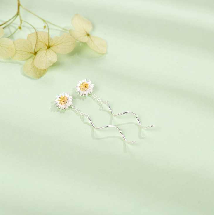 Sterling Silver Sun Flower Daisy Pull Through Wave Threader Stud Earrings PE47