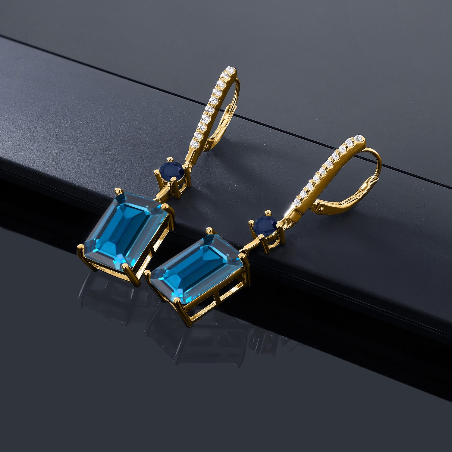 20.00 Ct London Blue Topaz Blue Sapphire 18K Yellow Gold Plated Silver Earrings