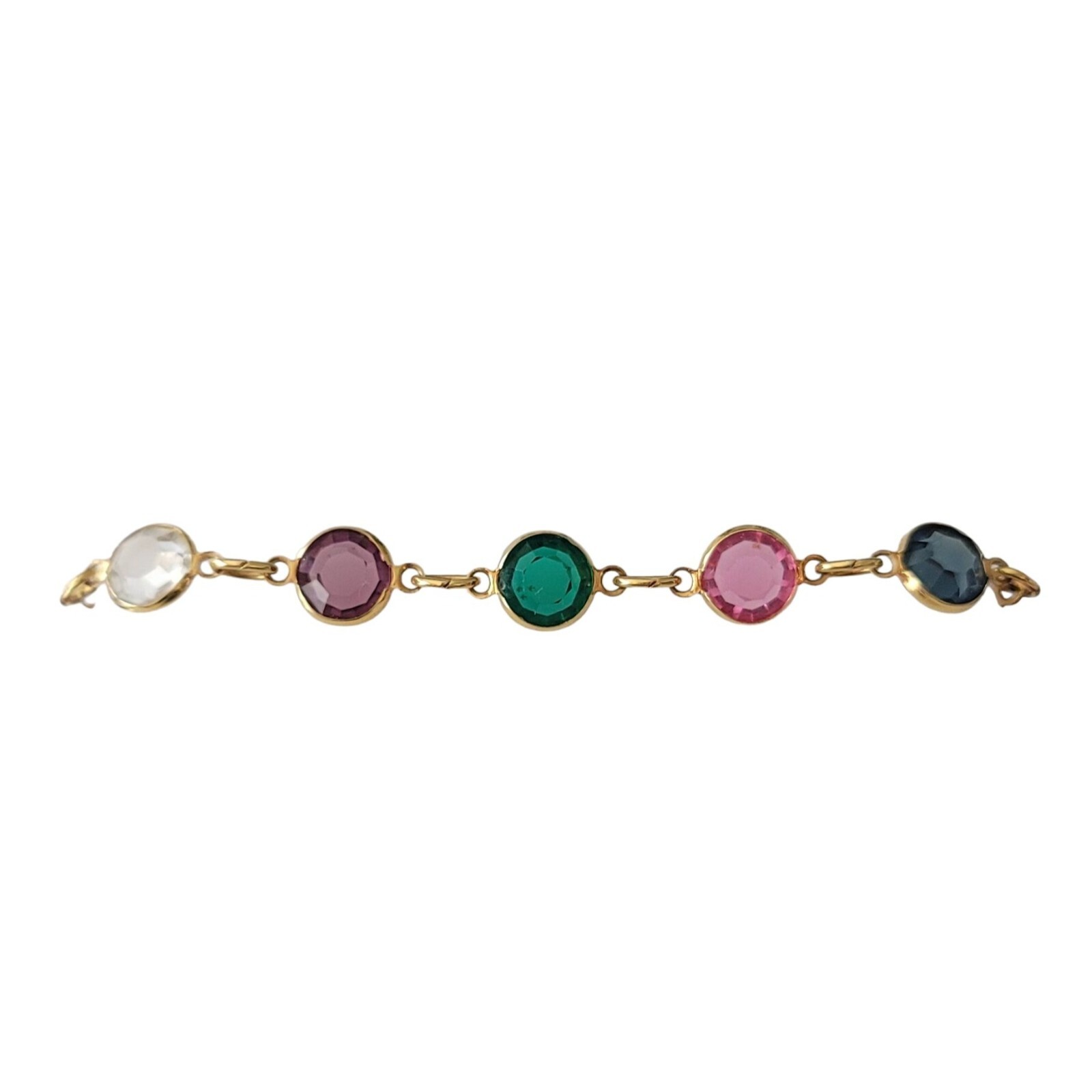 Austria Pink Blue Green Gold Tone Caged Crystal Chain Bracelet, 7.25″ Long E757