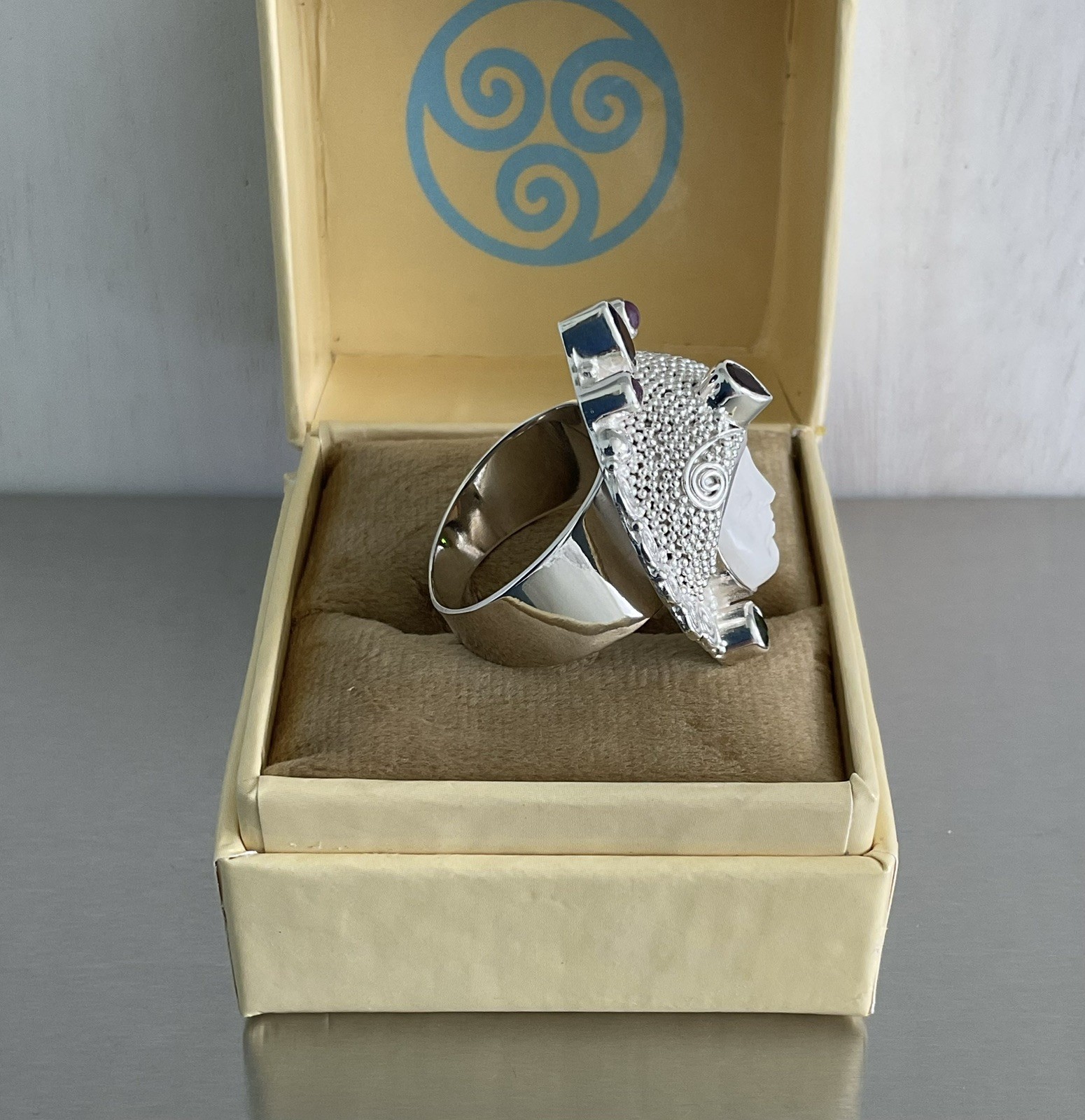 Sajen Silver Carved Goddess Ring Multi Gemstones 925 Sterling Silver Size 9