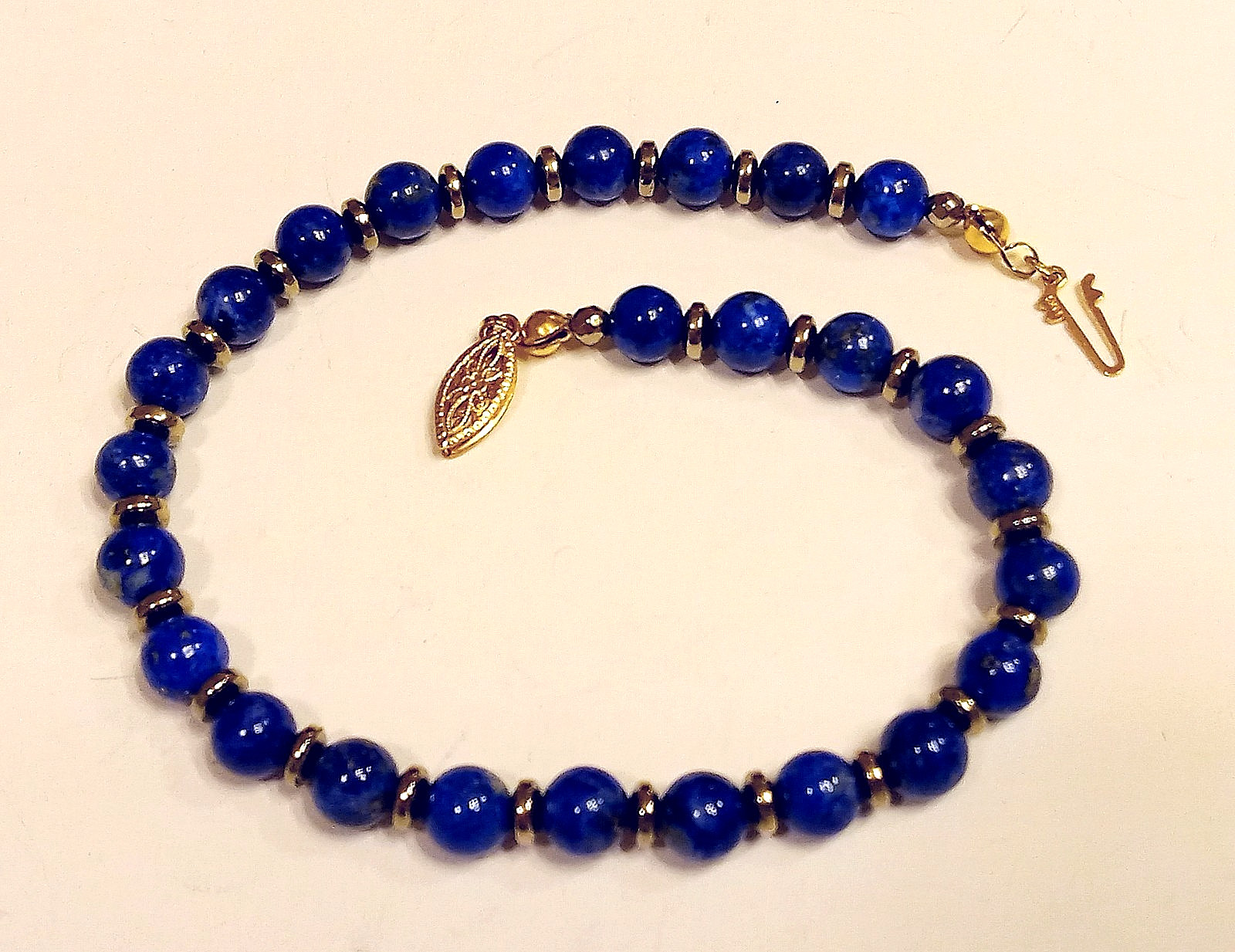 Ladies 6 mm LAPIS & Gold Disc Bracelet 14K GOLD Clasp Knotted CUSTOM LENGTH