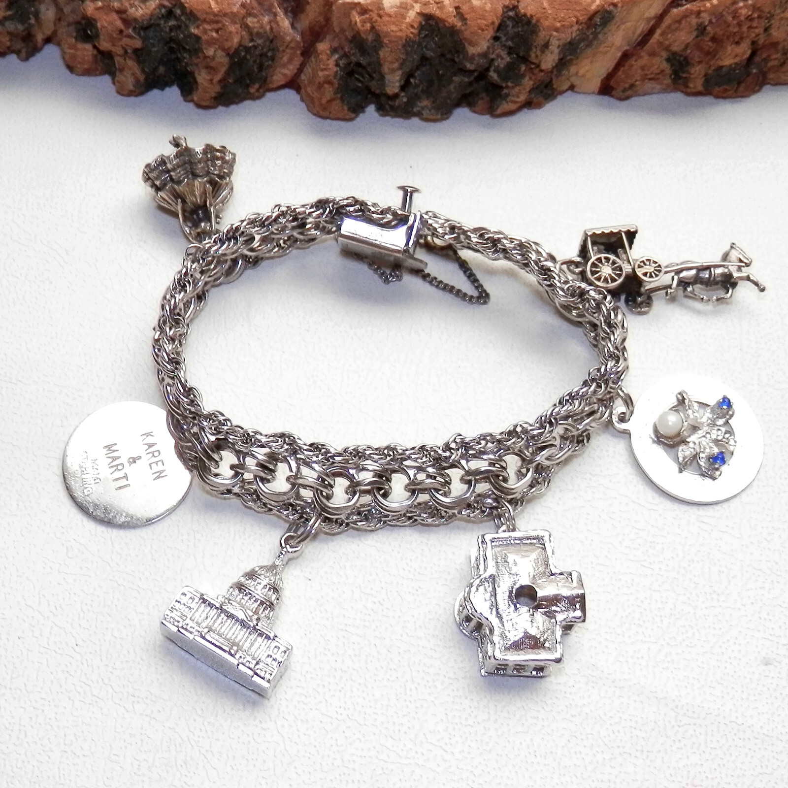 Vintage Solid Sterling Silver Charm Bracelet 6 Charms 6.5 Inch 42.5 Grams