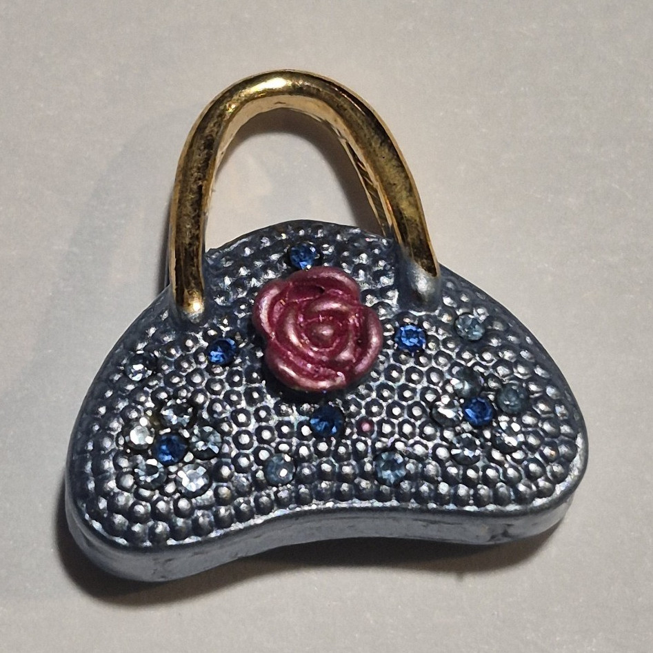 Purse Bag Charm Pendent Blue Metal w/ Gold Handle Pink Rose 18.1mm