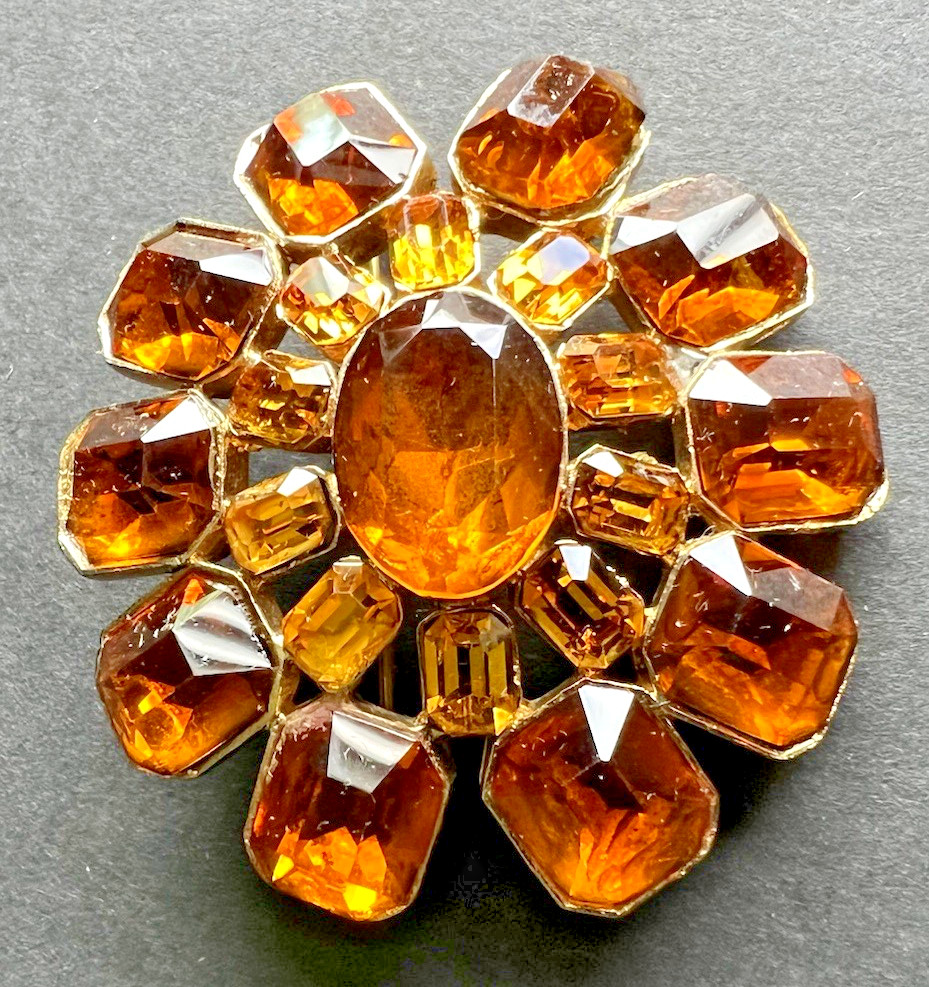 Cora Rhinestone Brooch-Gold Town Flower Burst-Vintage Costume Jewelry.
