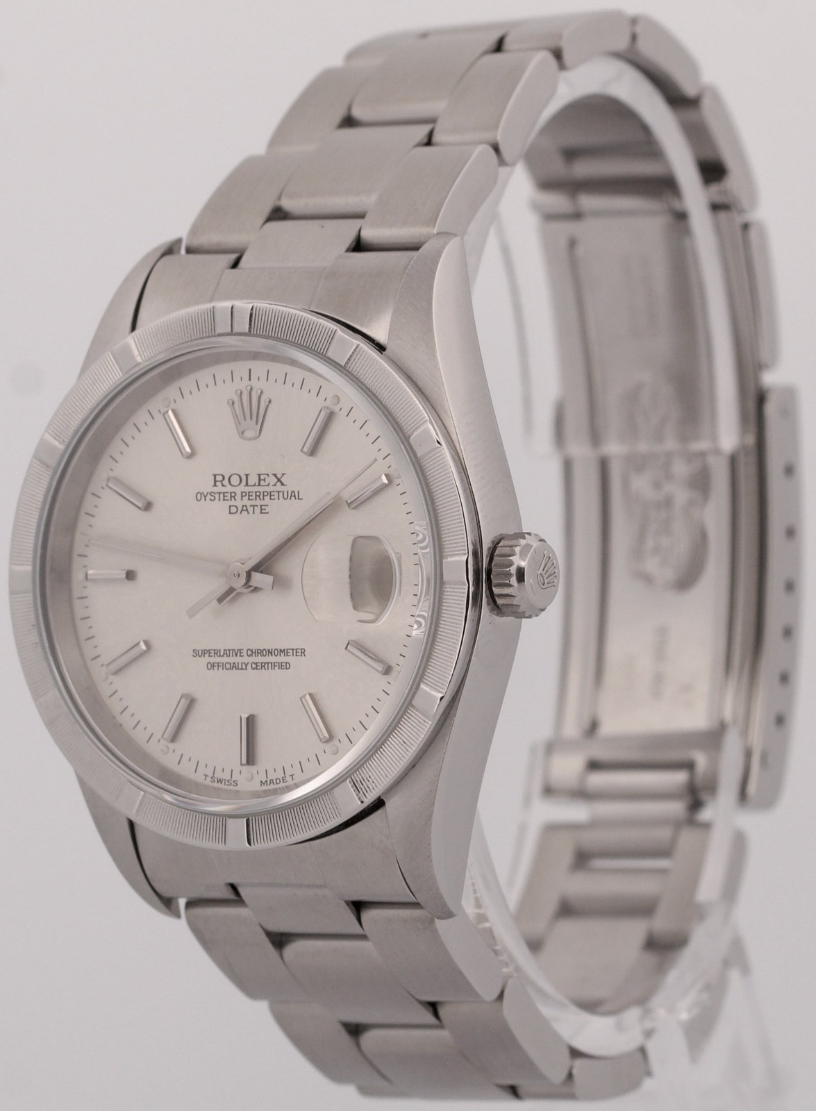 1996 Rolex Oyster Perpetual Date 34mm SILVER Steel Oyster NO-HOLES 15210 Watch