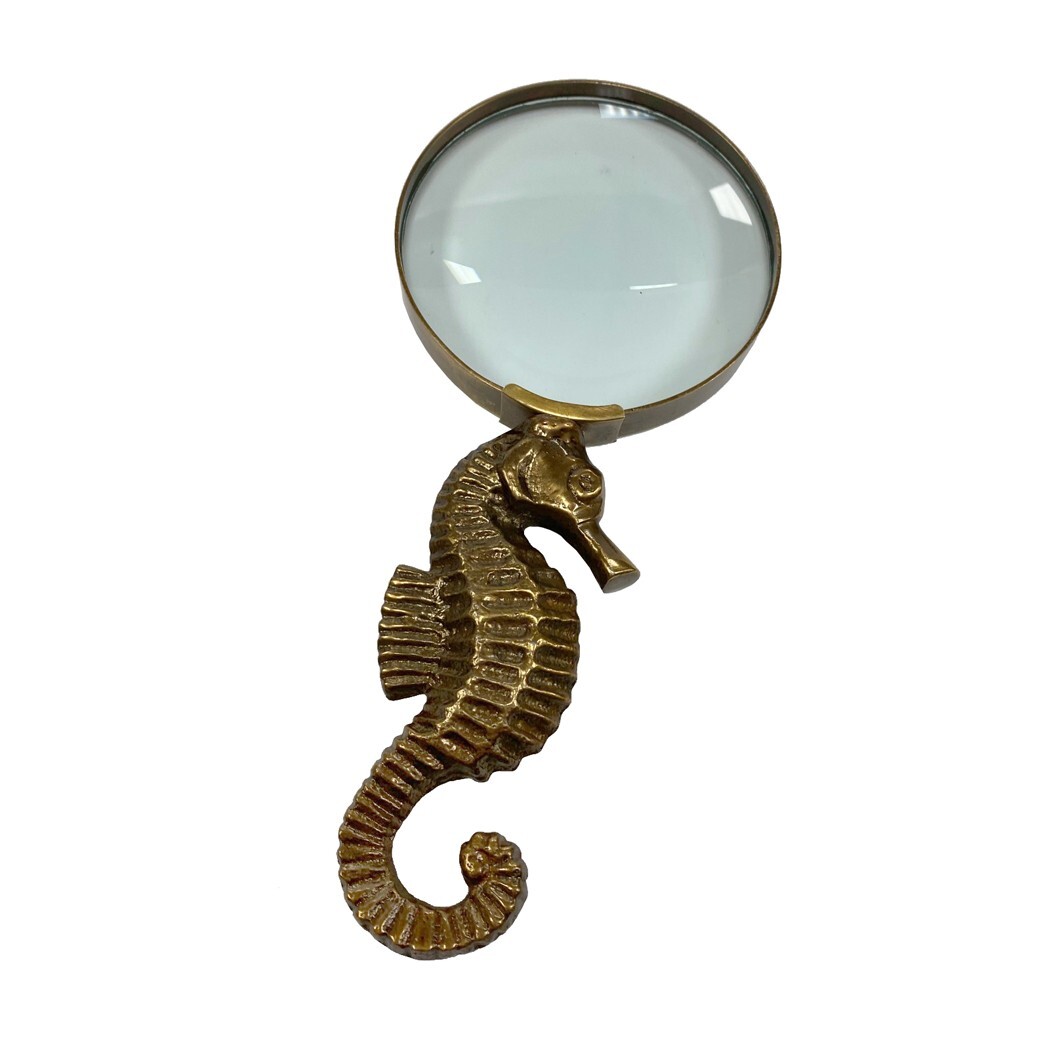 Antique Vintage Style Brass Seahorse Optical Glass Magnifying Lens Loupe 7”