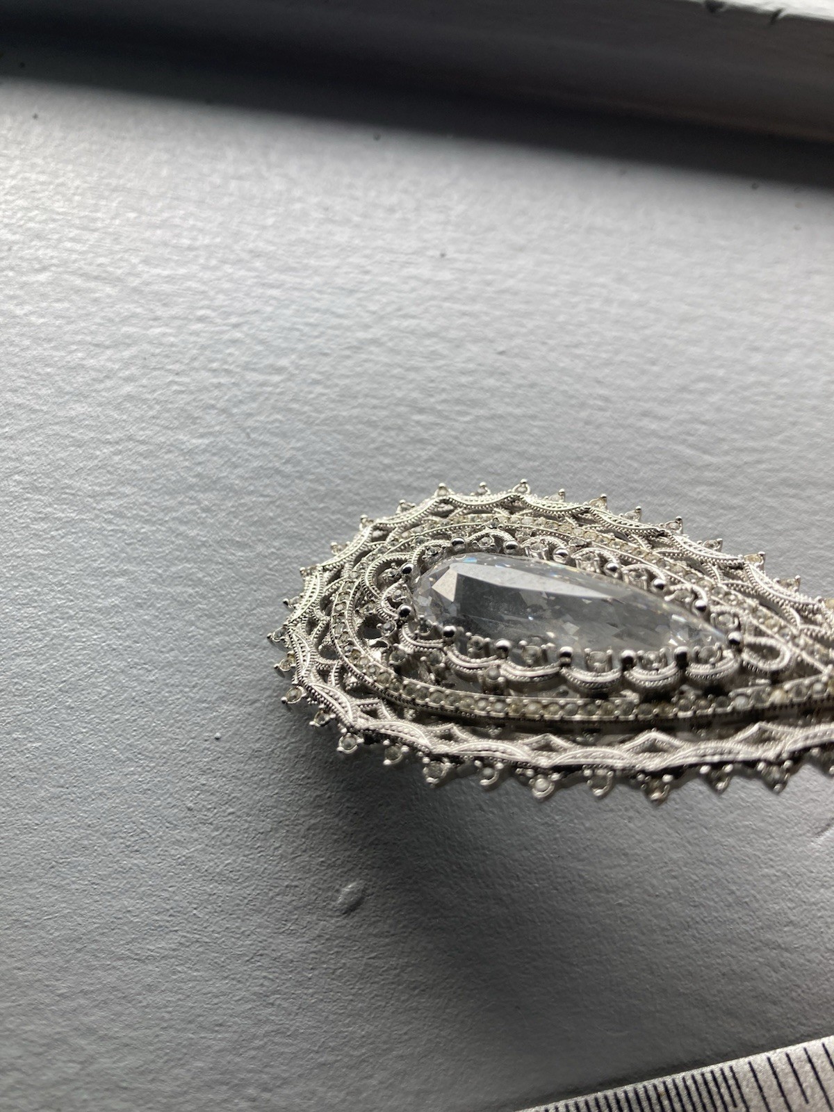 Big, Ornate Wedding Cocktail Party Teardrop Silver Pendant. Gem. Clip Bale.