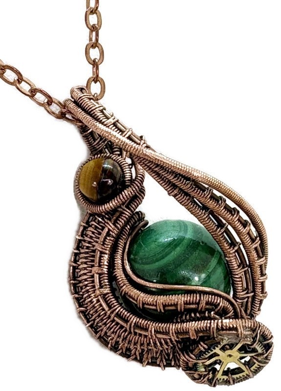 Steampunk Malachite Pendant, Wire-Wrapped in Bronze with Golden Tiger Eye