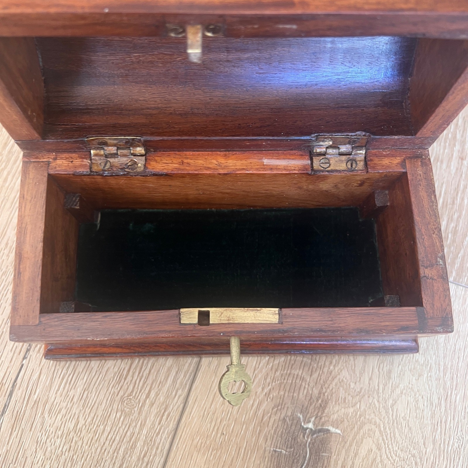 Vintage Wooden Jewelry Box Dome Top Brass Inlay Chest with Key Keepsake Box
