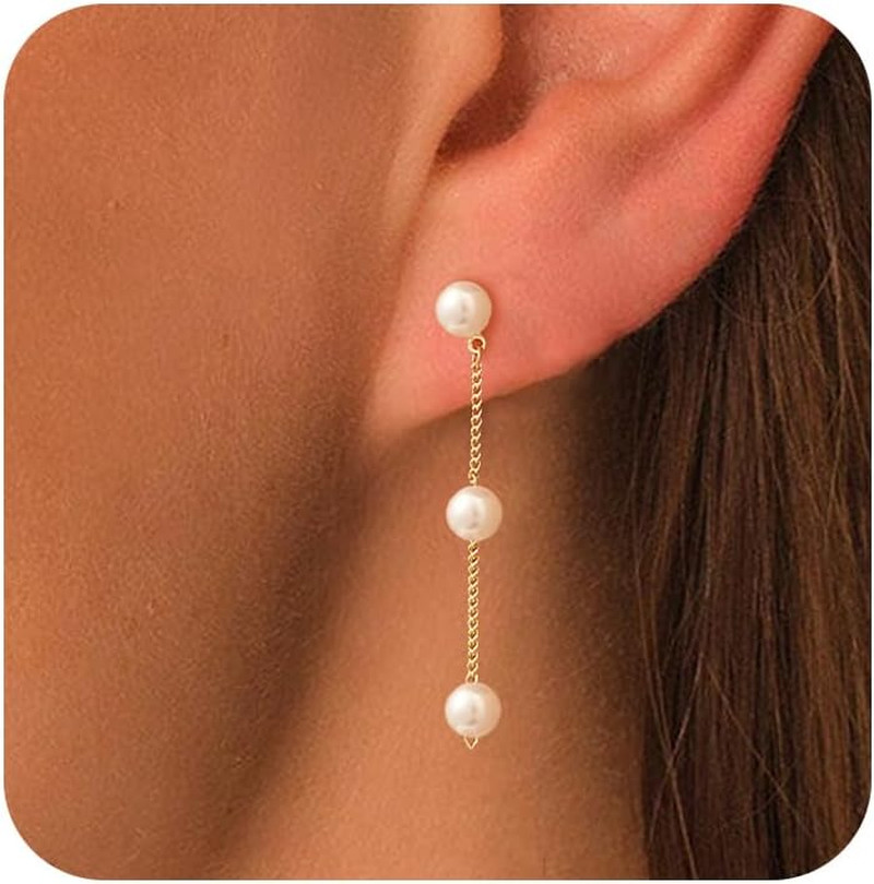 Dainty Pearl Dangle Earrings for Women – Trendy 14K Gold Plated Pearl Hypoallerg