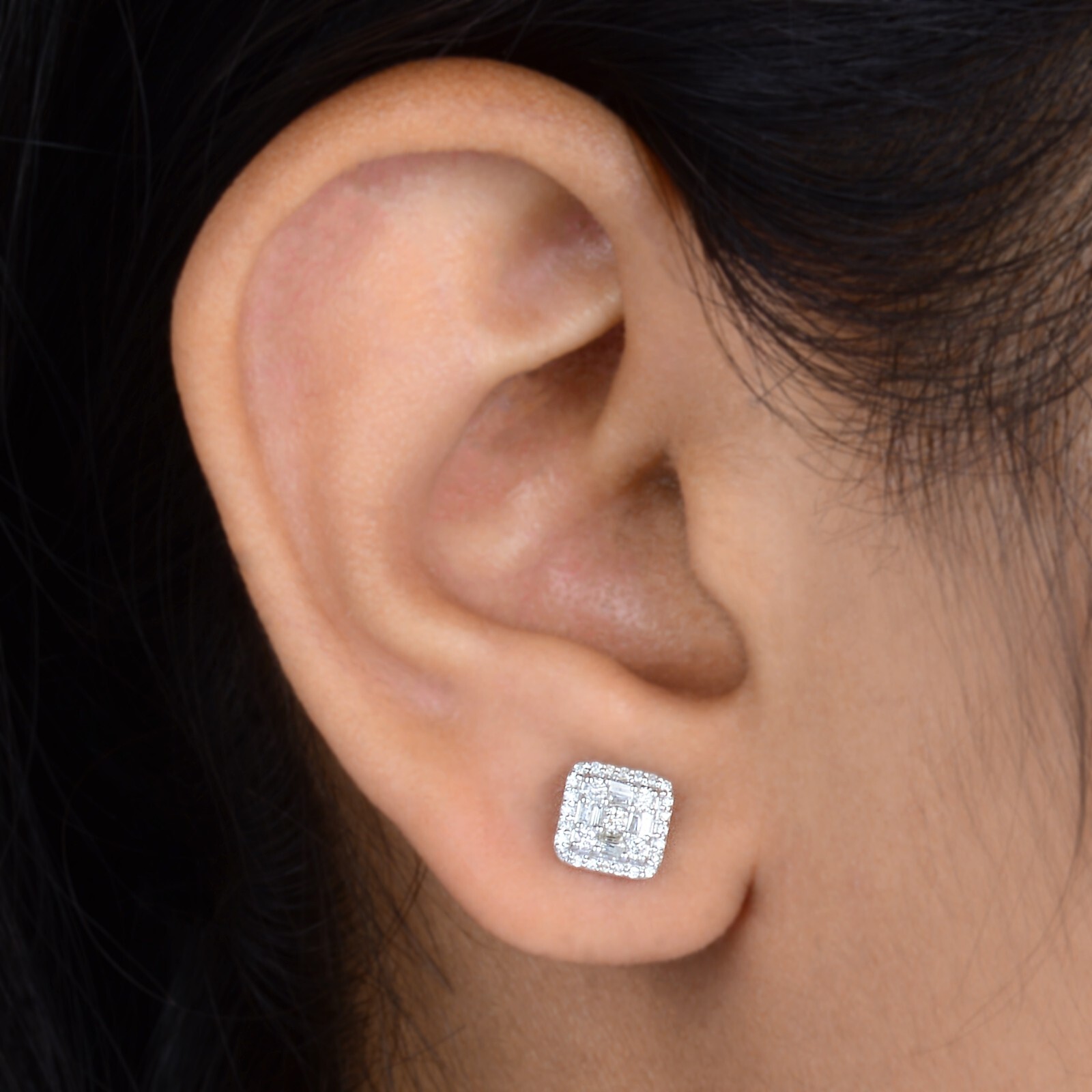 0.36 Ct H/SI Round Baguette Natural Diamond Earrings Stud Gift 14k White Gold