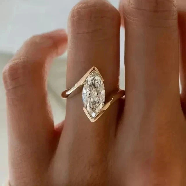 3Ct Marquise Cut Moissanite Solitaire Engagement Ring 14K Yellow Gold Plated