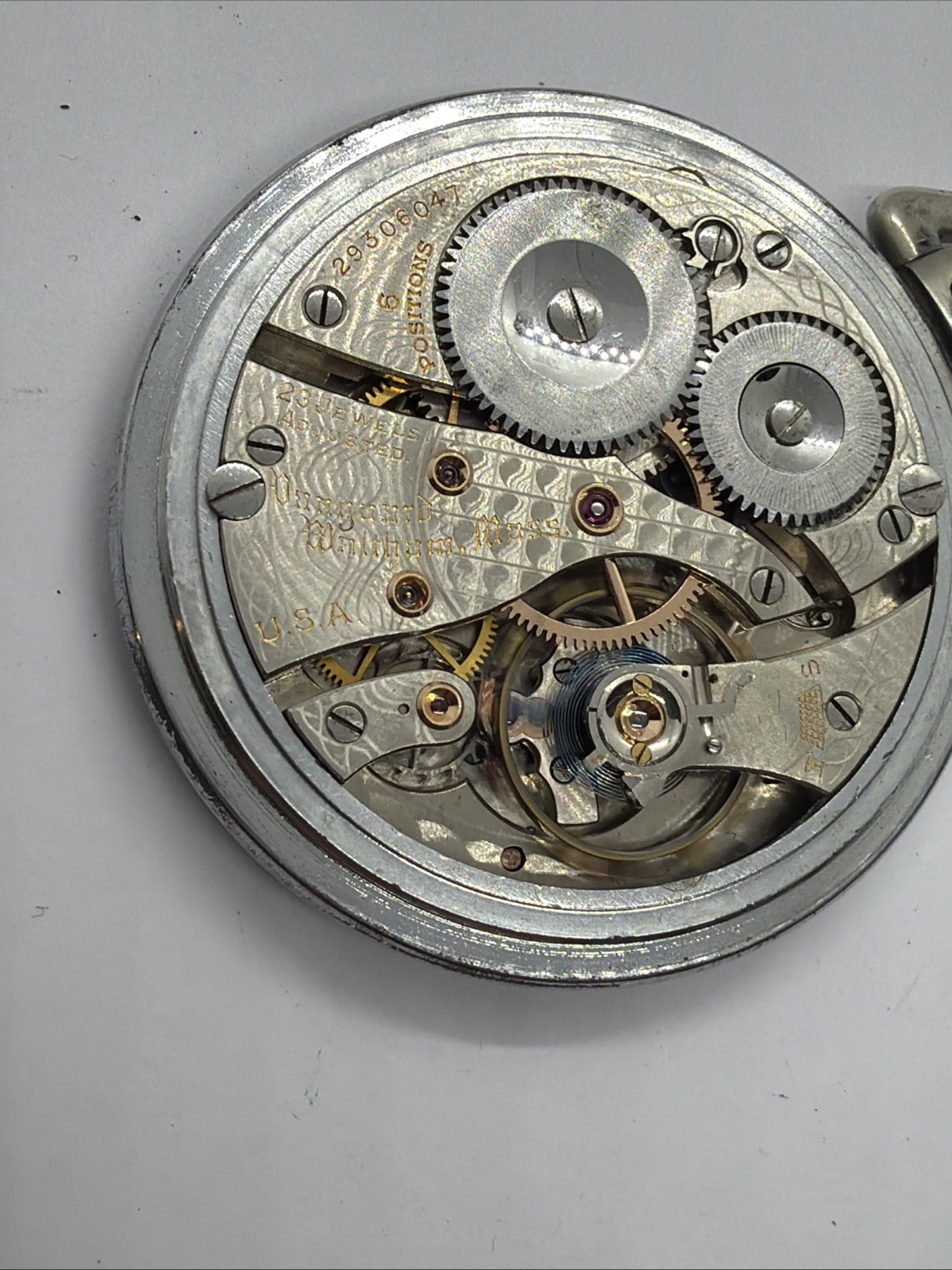 Waltham 16s Vanguard 23J Damaskeened Mint Dial Railroad Pocket Watch Runs Good