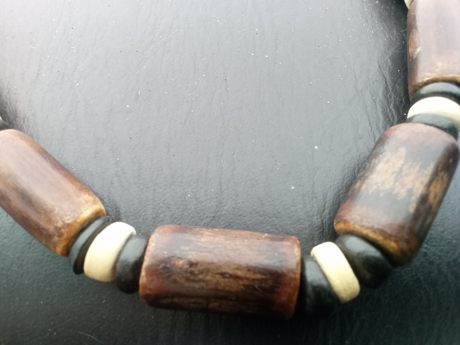 Beaded wood and bone necklace, brown black white, barrel clasp