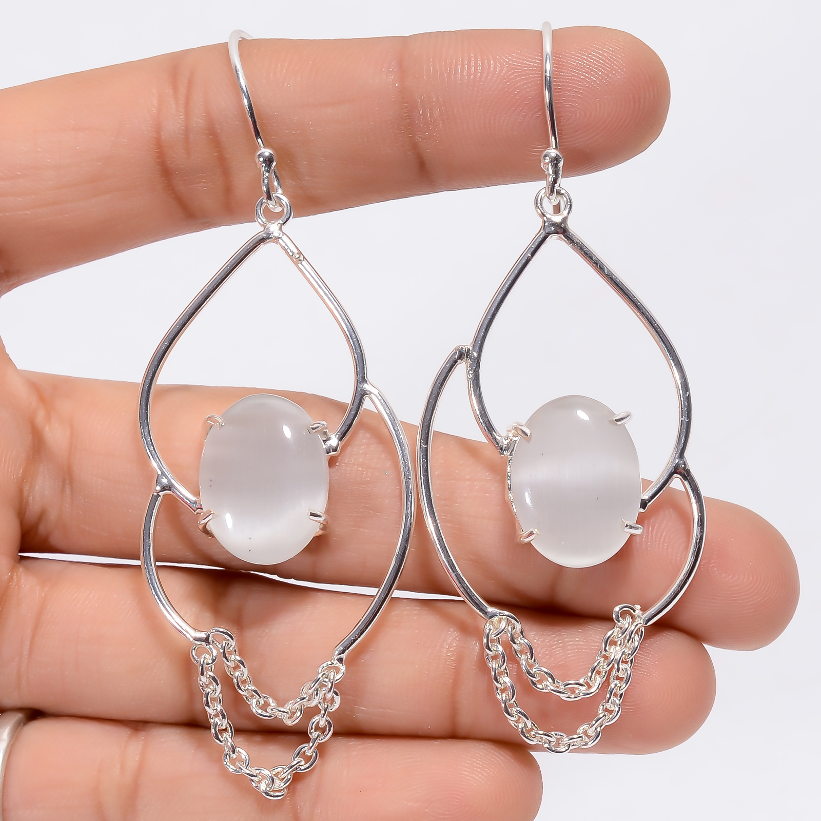 White Monalisa Stone Gemstone Fashion Jewelry 925 Silver Earrings 2.8″ ARE-3638