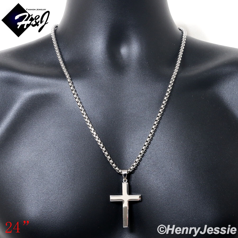 18″-40″MEN Stainless Steel 4mm Silver Box Link Necklace Plain Cross Pendant*P64