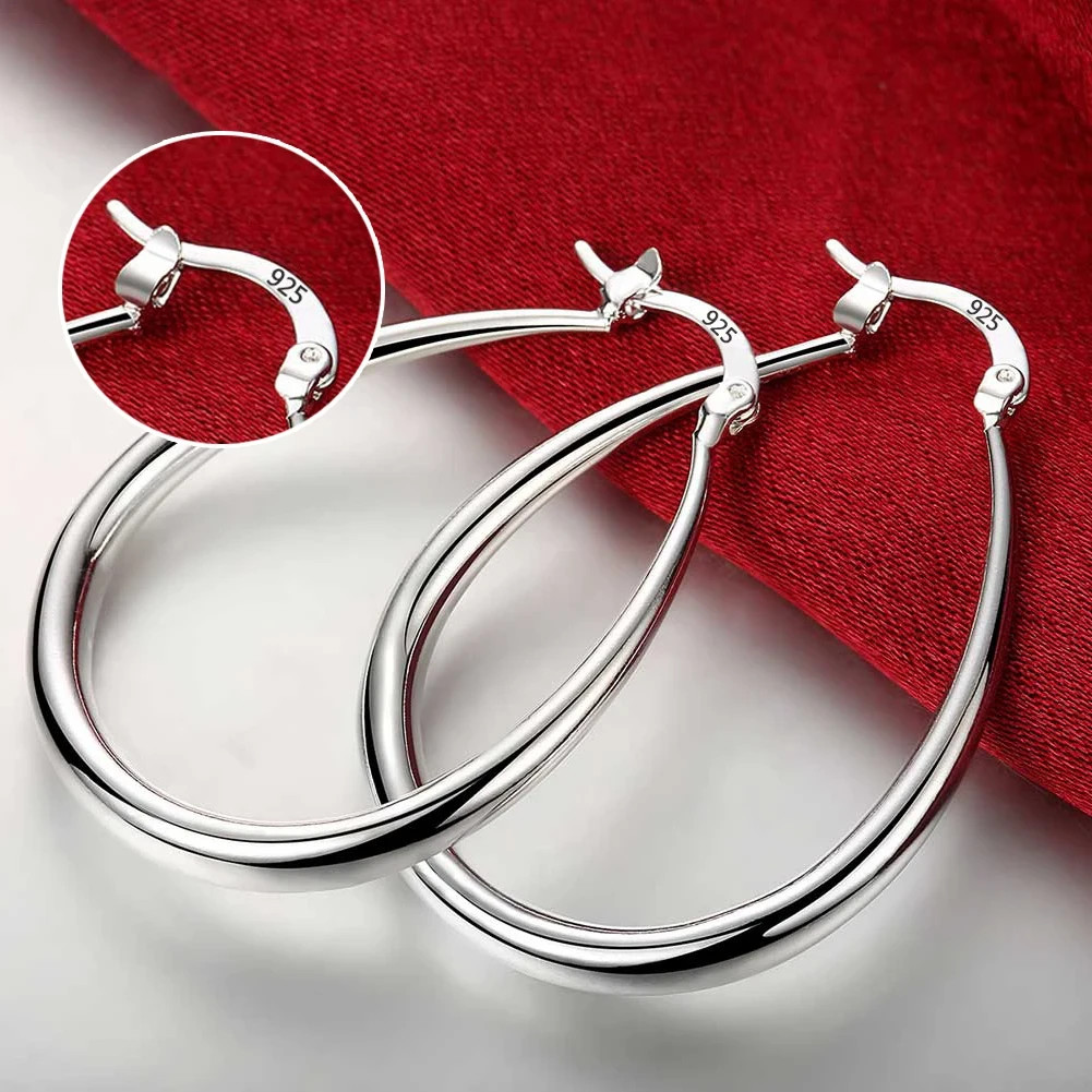 925 Sterling Solid Silver 50mm Round Smooth Big Hoop Earrings Women Jewelry