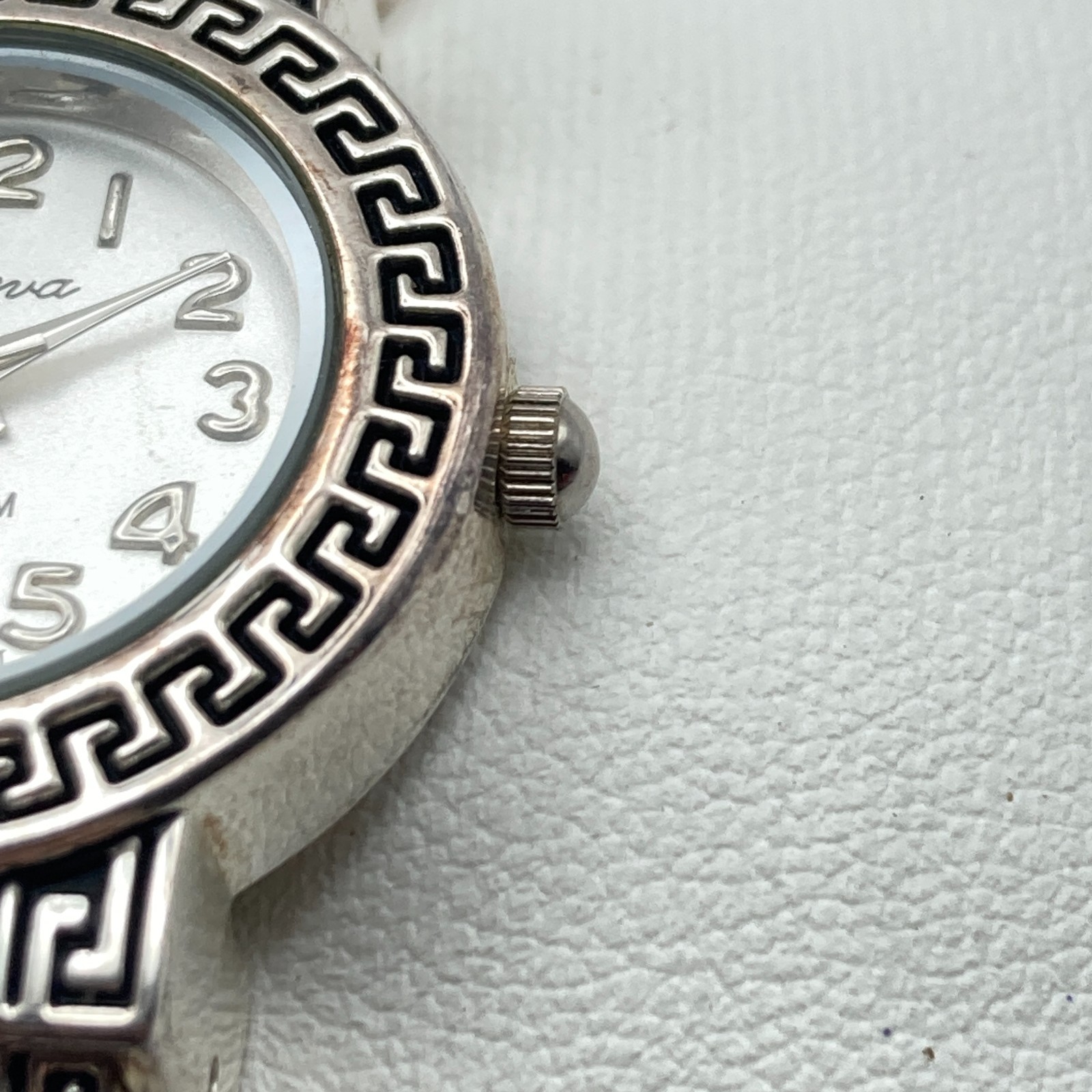Geneva Women’s Watch 27mm Greek Key Silver Tone Cuff Round New Battery 6.25″