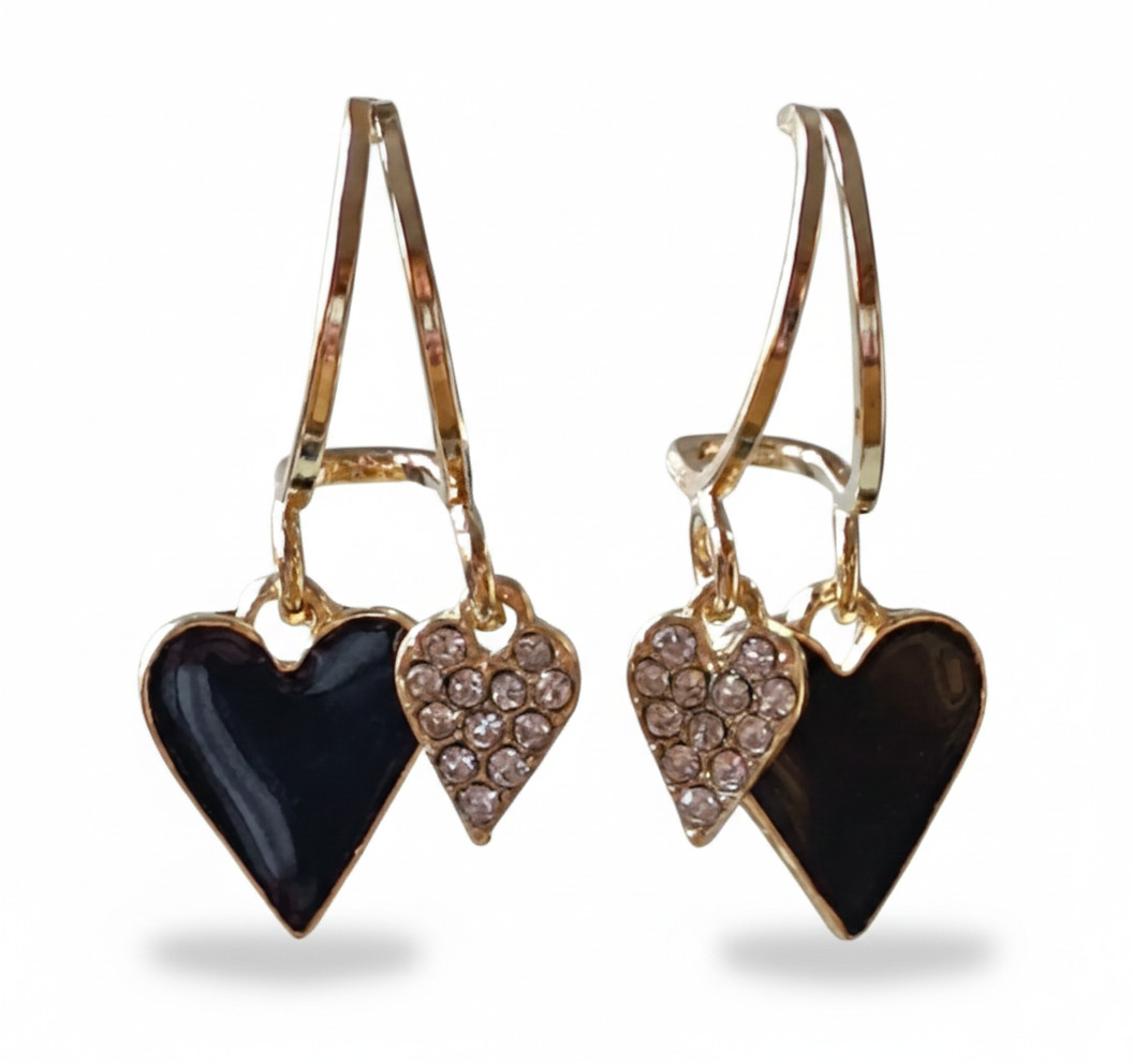 Gold Black Diamante Heart Drop Earrings Dangle Womens Stylish Fashion Jewellery