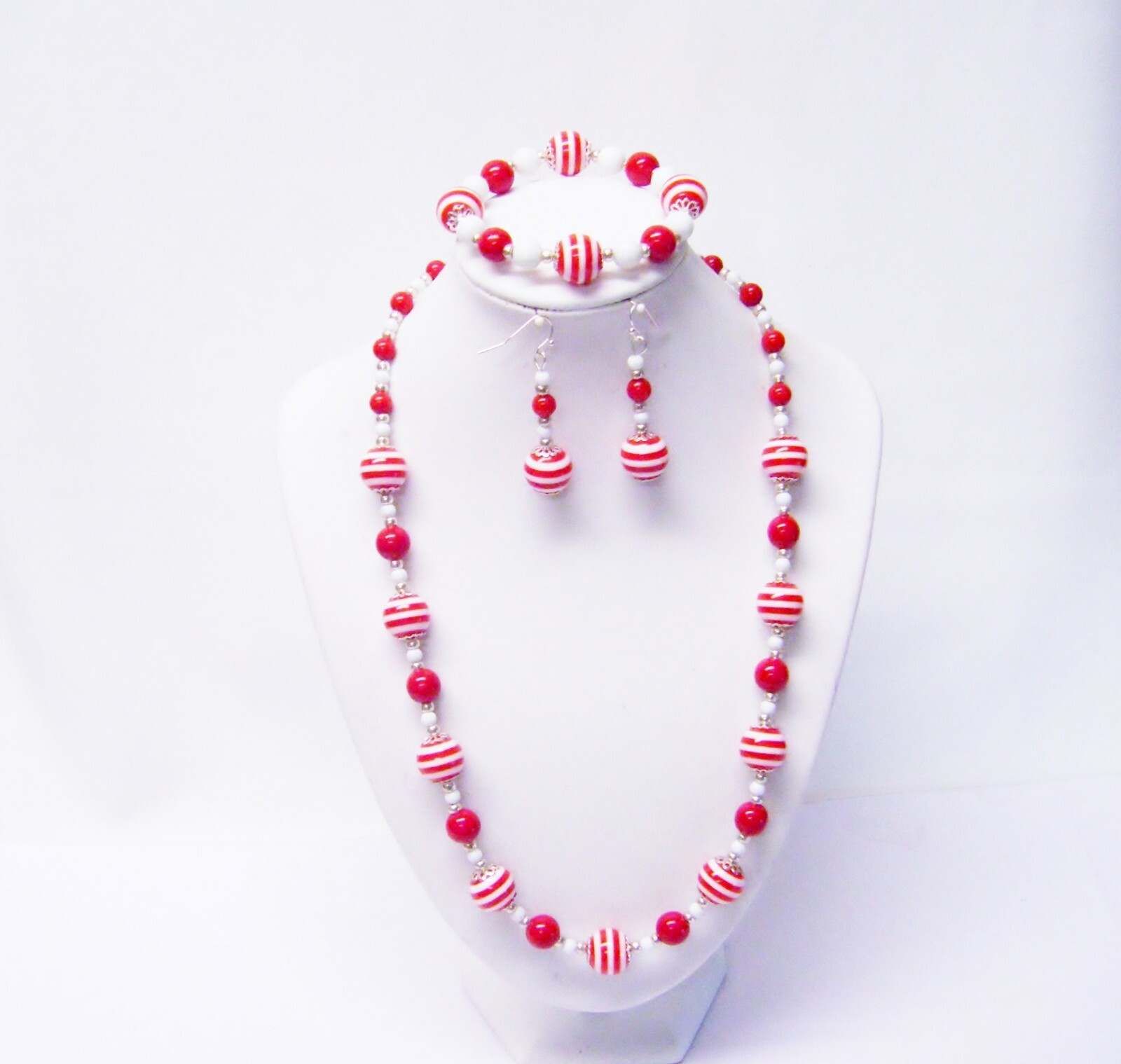 Red/White Stripe Acrylic w/White Glass Bead Necklace/Bracelet/Earrings