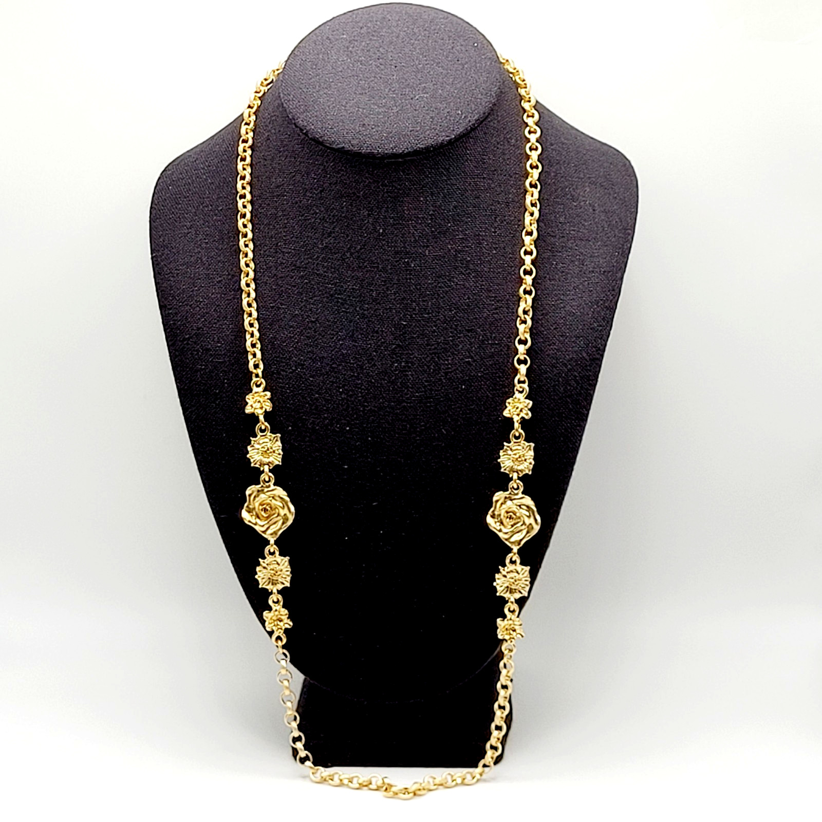 Unique Rose Floral Station Style Bright Gold Tone Sautoir Vintage Necklace Korea