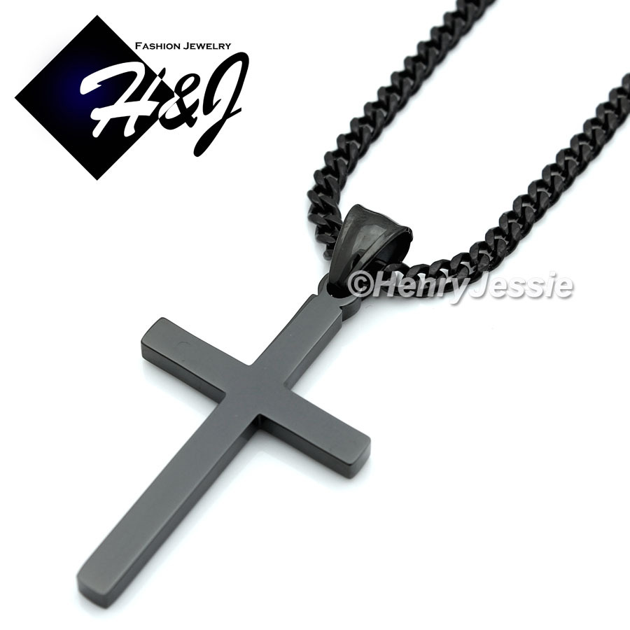 18-36″Stainless Steel 3mm Black Plated Cuban Curb Chain Plain Cross Pendant*P29
