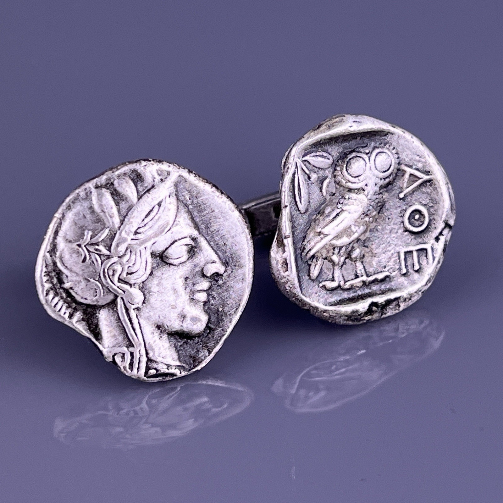 Tetradrachm Greek Coin Replica Cufflinks Silver Plated Athena Owl Reproduction