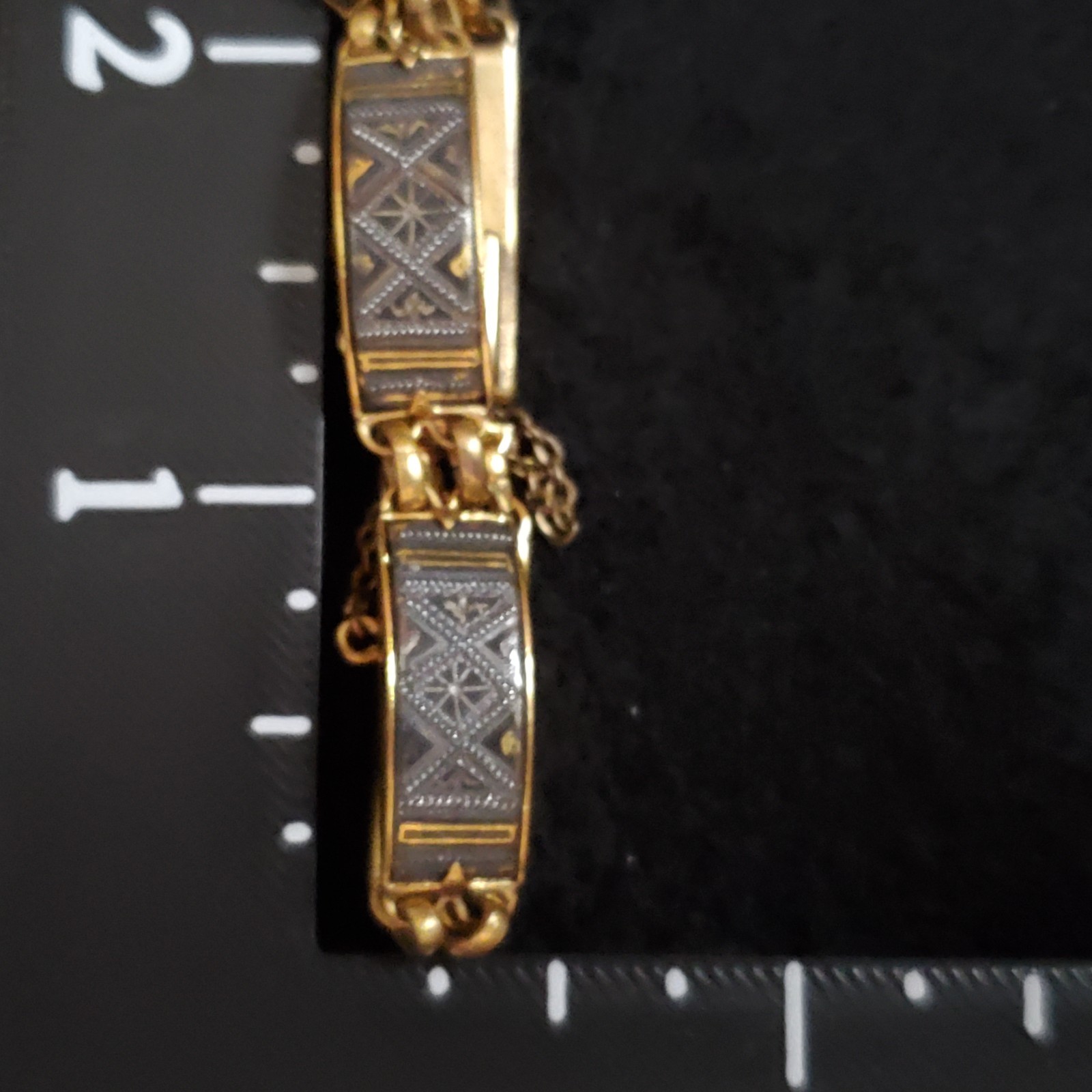 Vintage Damascene Bracelet Etched Gold Tone Paneled 6.5″