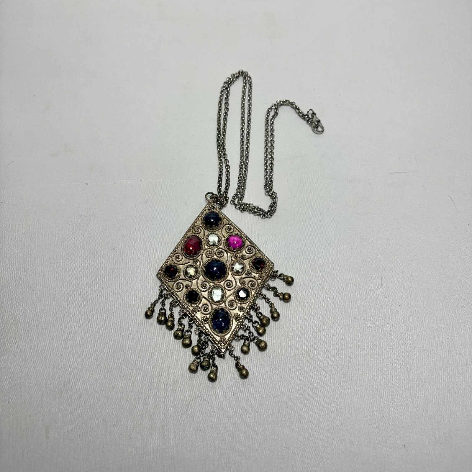 Vintage Kuchi Tribal Pendant Intricate Metalwork Adorned Colored Cabochons