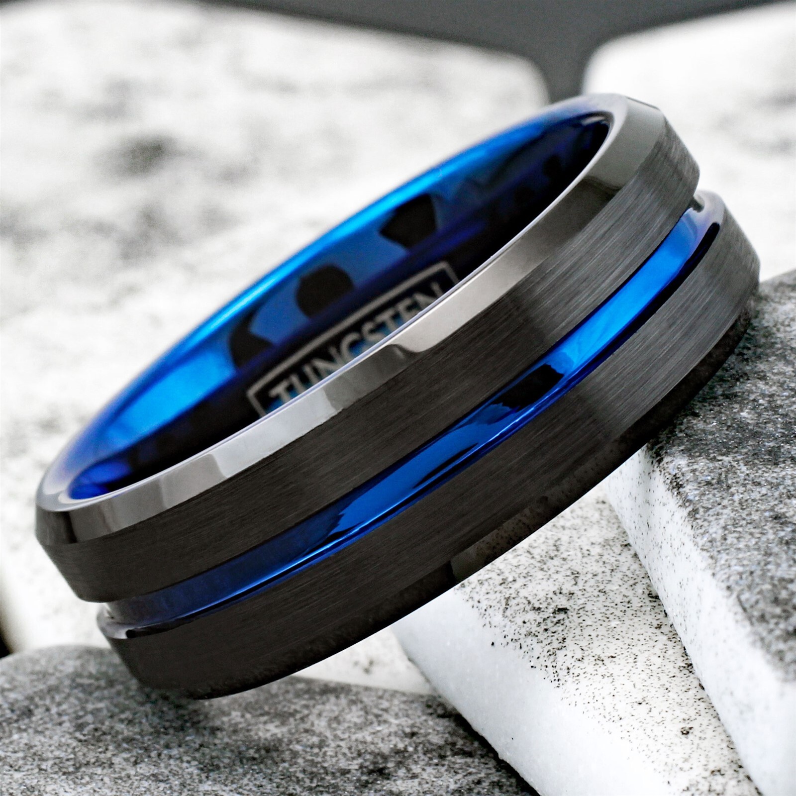 6/8mm Tungsten Carbide Men’s Ring Thin Blue Line Black Brushed Wedding Band