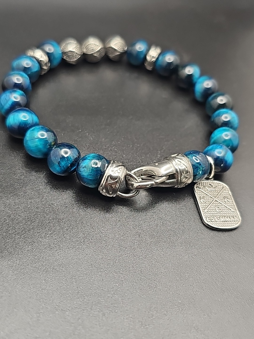 10mm Hand Made Deep Blue Tigers Eye Beaded Bracelet with Stainless Steel Clasp