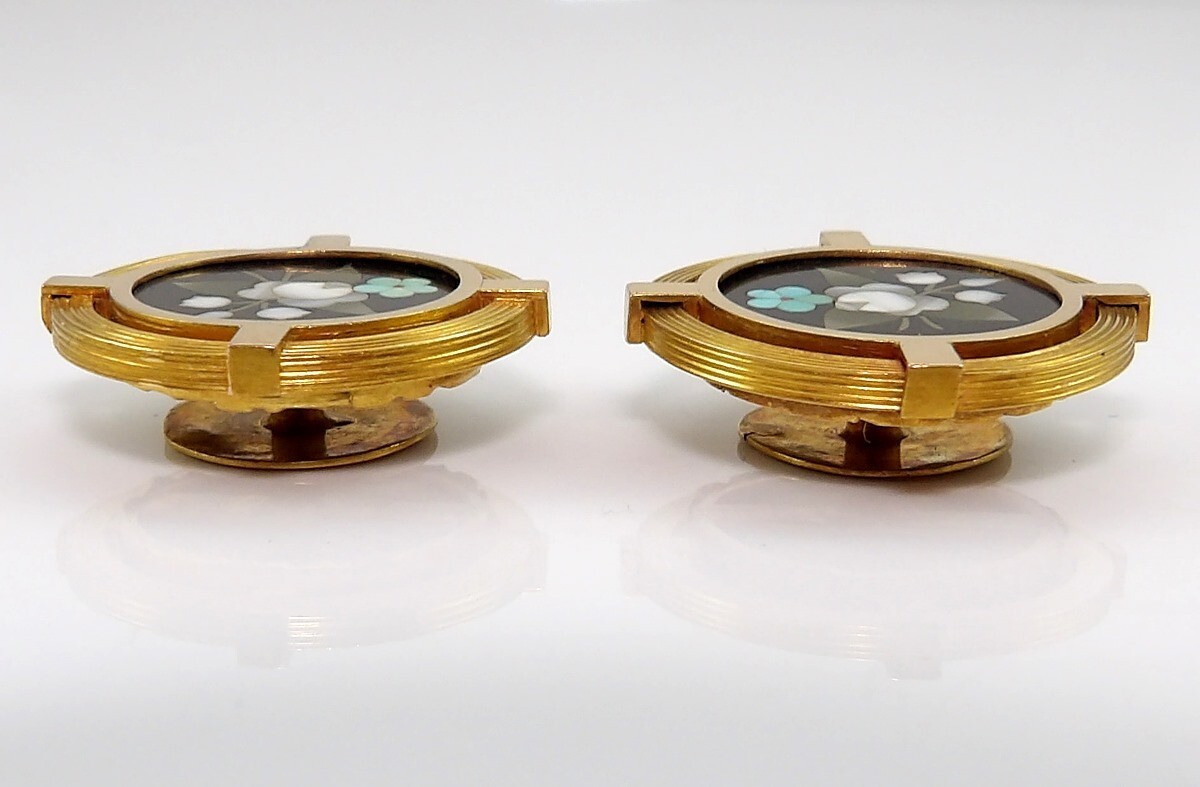 VTG Pietra Dura 18K Yellow Gold Shirt Blouse Button Studs/Earrings LNG2