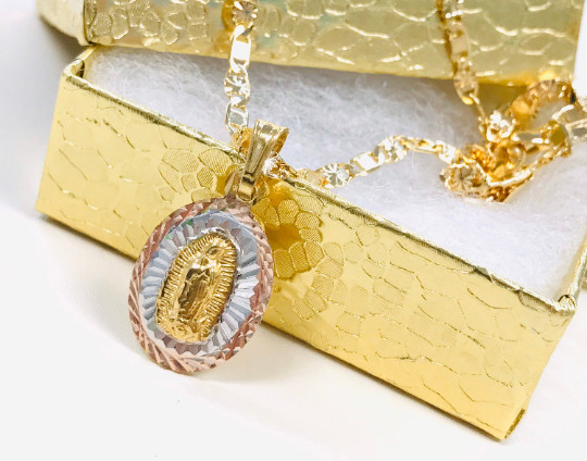 14K Gold Filled Virgen de Guadalupe Diamond Cut Valentino Necklace 18″, 20x13mm.