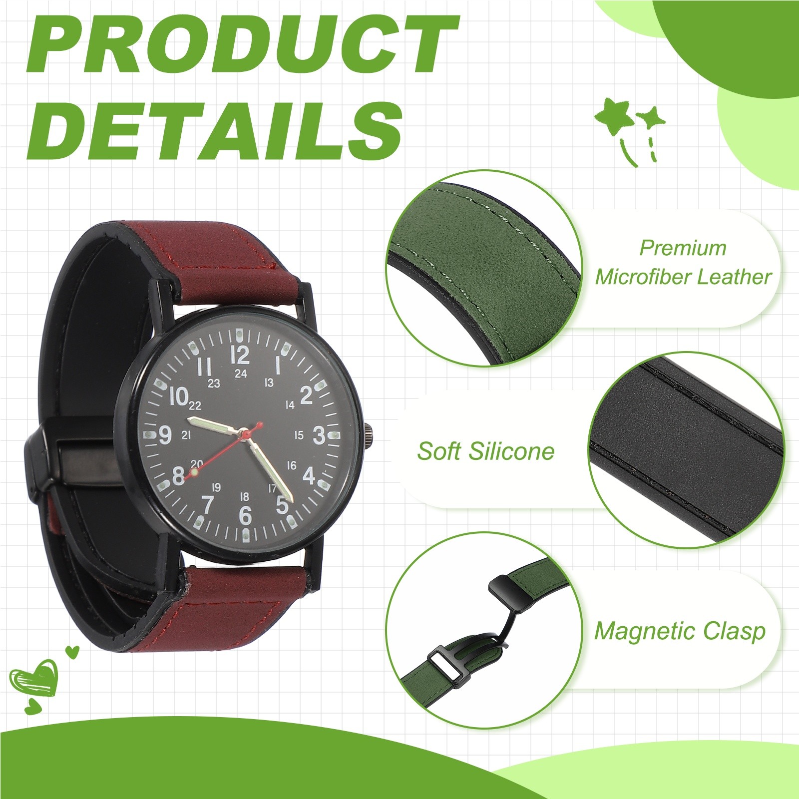 20mm Microfiber Leather Matte Magnetic Watch Band with Magnet Buckles Green]