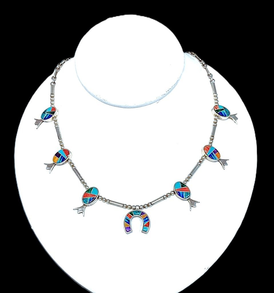 Evangeline Sherman Navajo Multi-Stone Inlay Sterling Squash Blossom Necklace