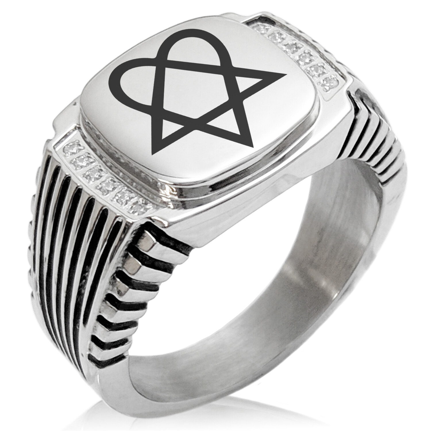Stainless Steel Steel Heartagram Hexagon Crest CZ Biker Style Signet Ring