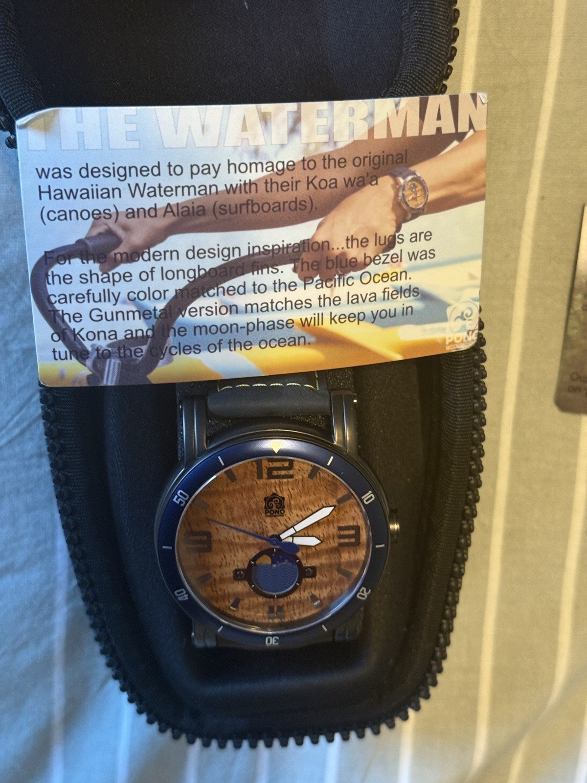 PONO WOODWORKS Waterman Koa Wood Men Watch 47mm,Blue Silicone Strap,Moon Phase