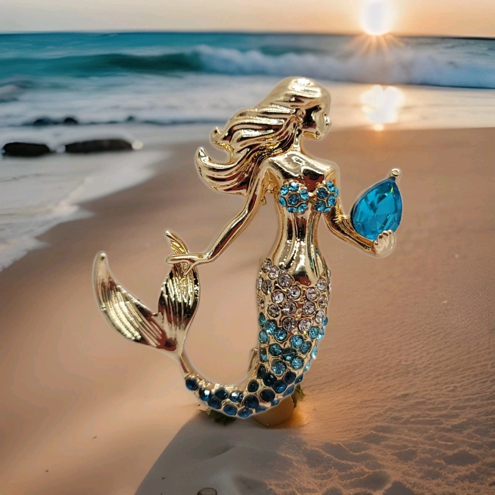 Gold-Tone Mermaid Brooch with Blue Gem – Rhinestone Tail & Top – Ocean Fantasy