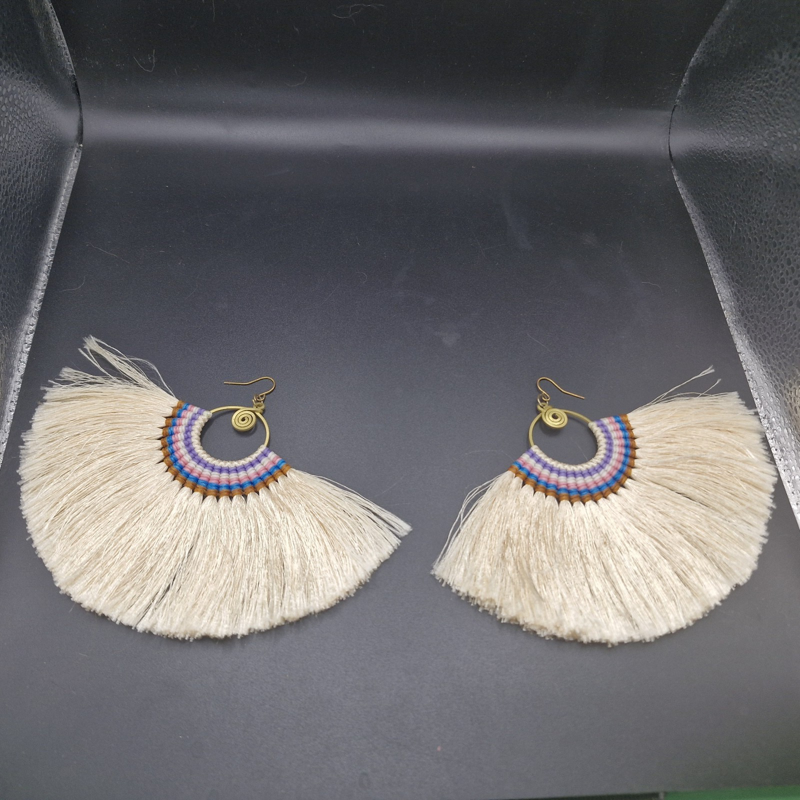 SW Style Large Runway Tassel Macrame Earrings Brass Blue, Orange, Tan 3.5 X 4.5″
