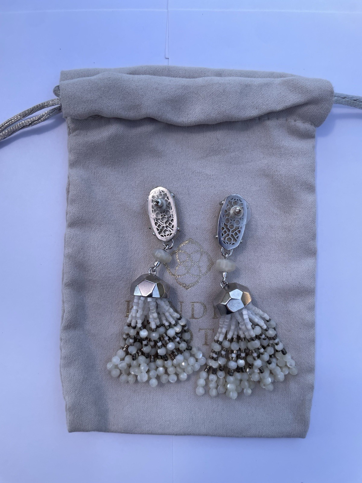 Kendra Scott Beaded Dangle Drop Earrings – Silver Tone White Mother of Pearl