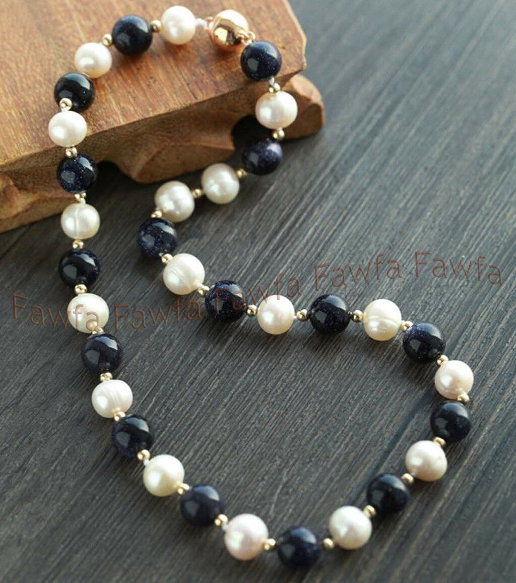 Natural 9-10mm White Freshwater Pearl & Blue Sand Stone Necklace Bracelet Set