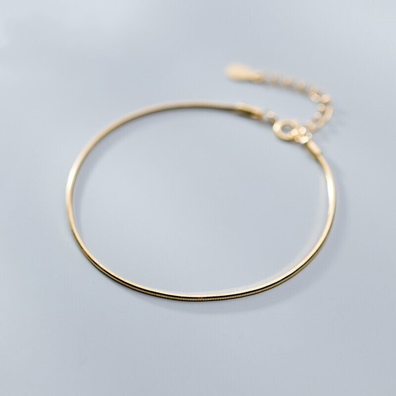 Woman Real S925 Sterling Silver 18k Gold Plated Thin Snake Chain Bangle Bracelet