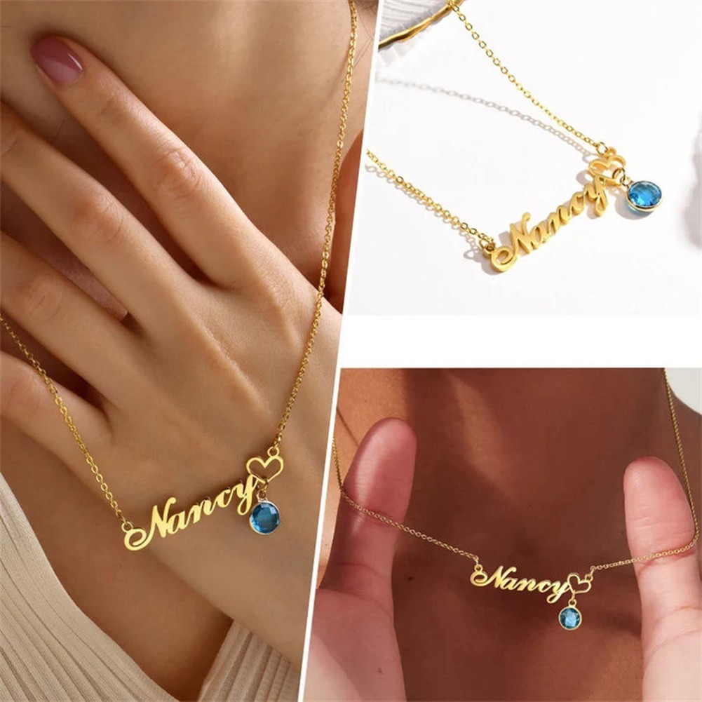 Custom Name Plate Necklace Personalized Birthstone Pendant Stainless Steel Chain