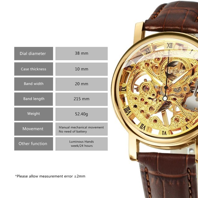 Jacob Transparent Gold Skeleton Mechanical Watch Casual Leather Strap Men