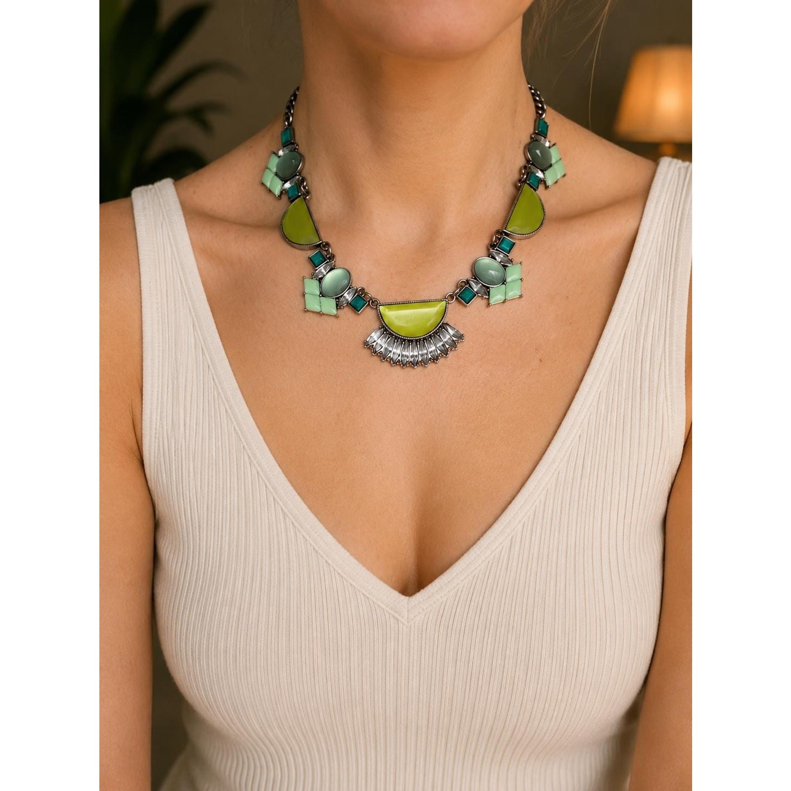 Lia Sophia Art Deco Style Statement Necklace | Y2K | Glass and Silver Metal